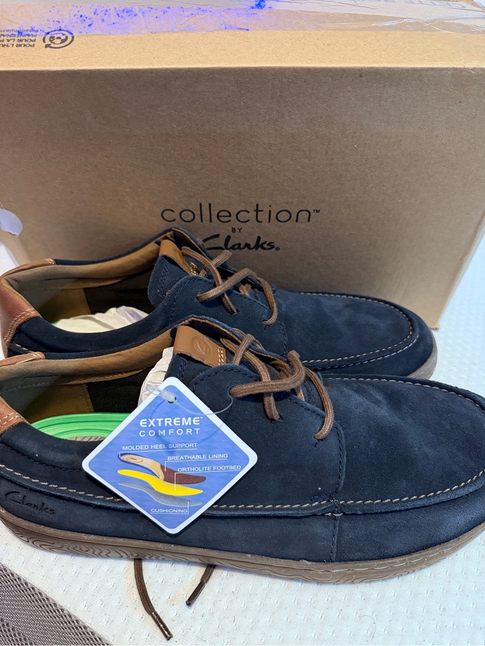Clarks Navy Suede Men’s Slip-On Lace-Up Loafers with Brown Accents